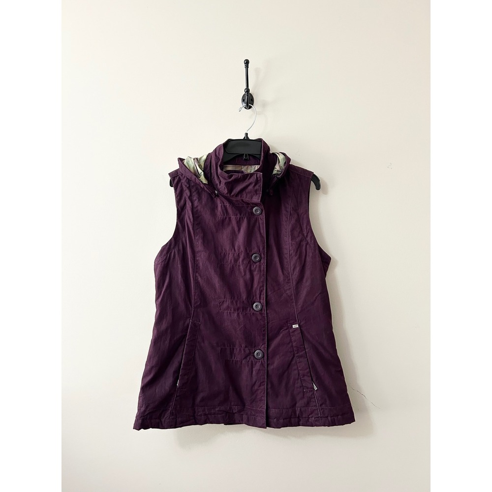 Horny Toad Womens Medium Plum Purple Hooded Vest Quilted Plaid Lining Button Zip